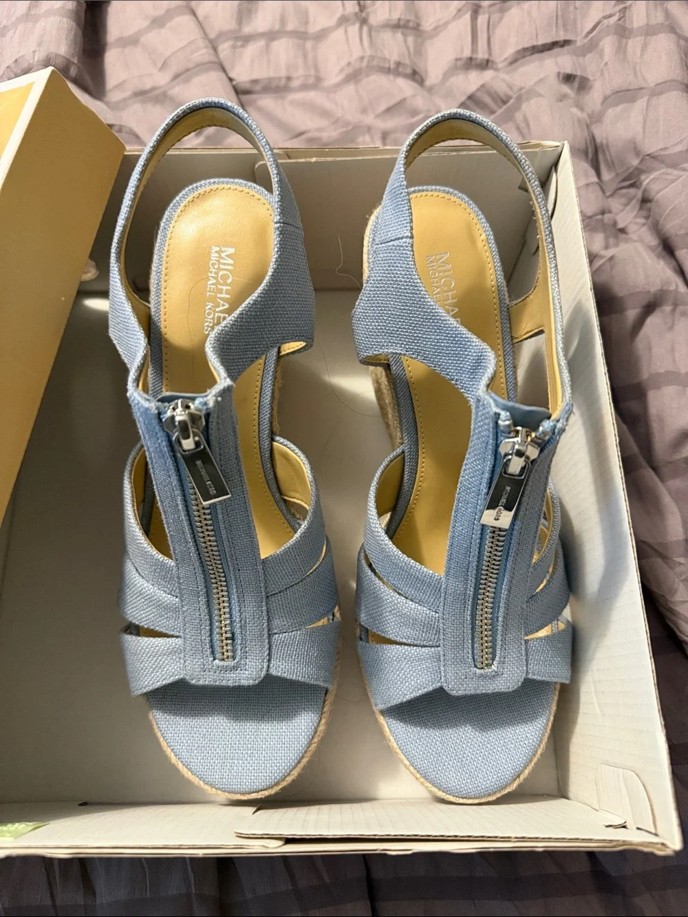 Michael Kors Light Blue Zip Front Espadrille Wedge Sandals